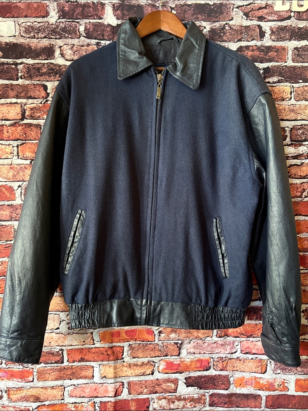 USA Leather Men’s Navy Wool Bomber Jacket Black Leather Sleeves & Trim Large